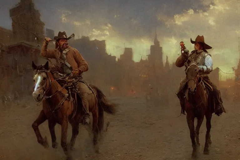 Prompt: rugged sheriff riding his horse through a busy old - west town, detailed, volumetric lighting, cinematic, in the style of fredrick remington, gaston bussiere