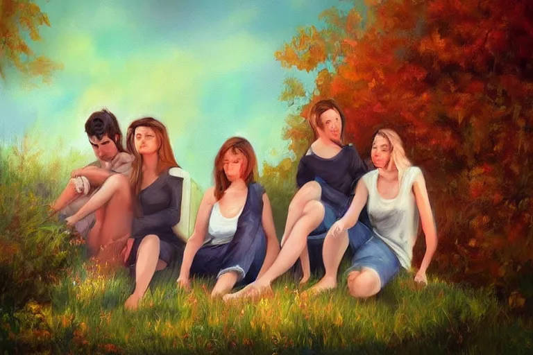 Prompt: beautiful painting of friends, beautiful faces, sitting on the edge, cute, soft light, digital painting by belotto bernardo