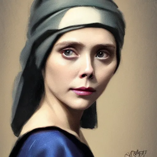 Prompt: Elizabeth Olsen with a pearl earring illustrated by Greg Rutkowski, 4k, 8k, trending on artstation