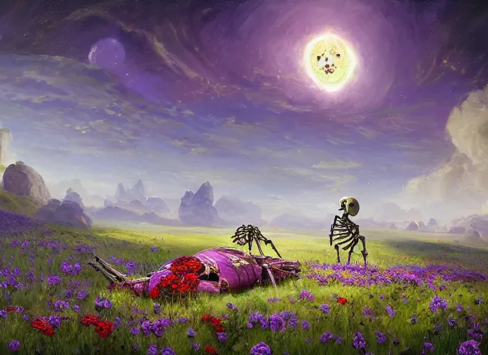 Image similar to a knight's skeleton killed long ago lays in a vast flower field in the cosmic sky by vladimir volegov and alexander averin and peder mørk mønsted and adrian smith and raphael lacoste