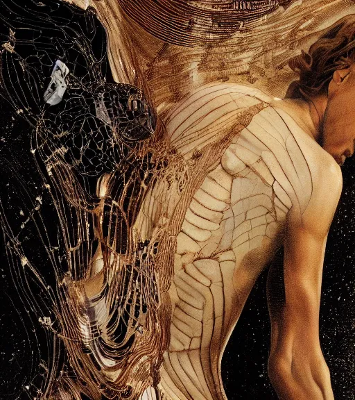 Image similar to still frame from Prometheus movie by Makoto Aida, cyborg with life within by Iris van Herpen painted by Caravaggio and by Hisashi Tenmyouya by Fuyuko Matsui by Makoto Aida by Yasunari Ikenaga by Takato Yamamoto