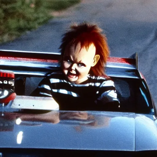 Prompt: chucky driving a race car, movie still