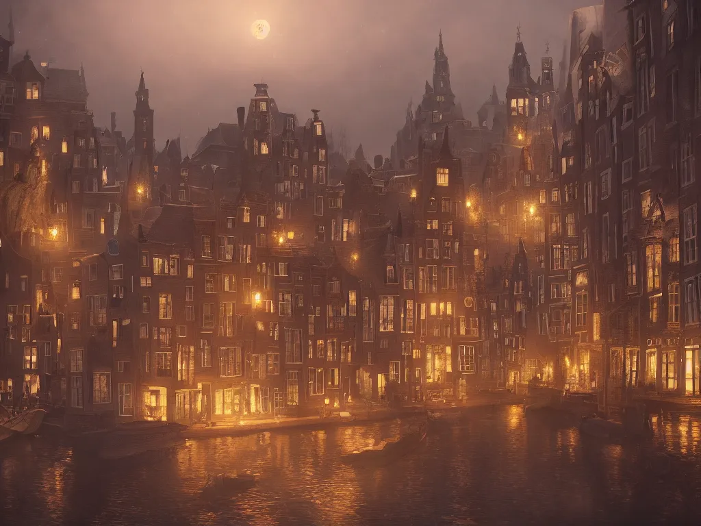 Image similar to a magical town with a few very crooked and deformed tall buildings, inspired by amsterdam and victorian england, night time, magical realism, dreamlike, digital painting, highly detailed, concept art, game art, matte painting, trending on artstation, octane render, 8 k, unreal engine