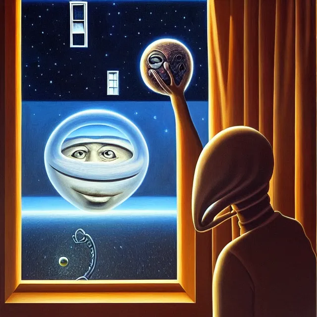 Image similar to an oil on canvas portrait of a man waking up and an alien is looking in through the window, surrealism, surrealist, lovecraftian, cosmic horror, rob gonsalves, high detail