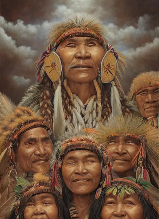 Image similar to faces of indigenous amazonian grandfathers and grandmothers spirits in the clouds, smiling, protection, benevolence, ancestors, detailed faces, art by christophe vacher