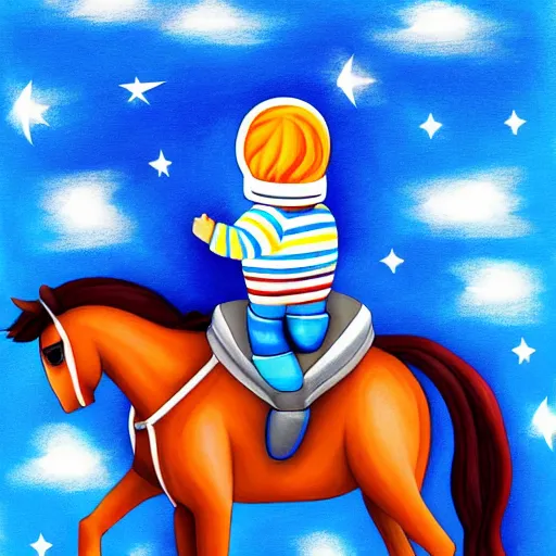 Image similar to a horse like a baby sits on the back of an astronaut - realistic, style by kezie demessance