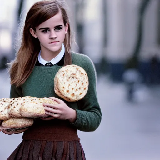 Image similar to photo of teenage emma watson as schoolgirl, holding stringbag full of bagels, street of moscow, shallow depth of field, cinematic, 8 0 mm, f 1. 8