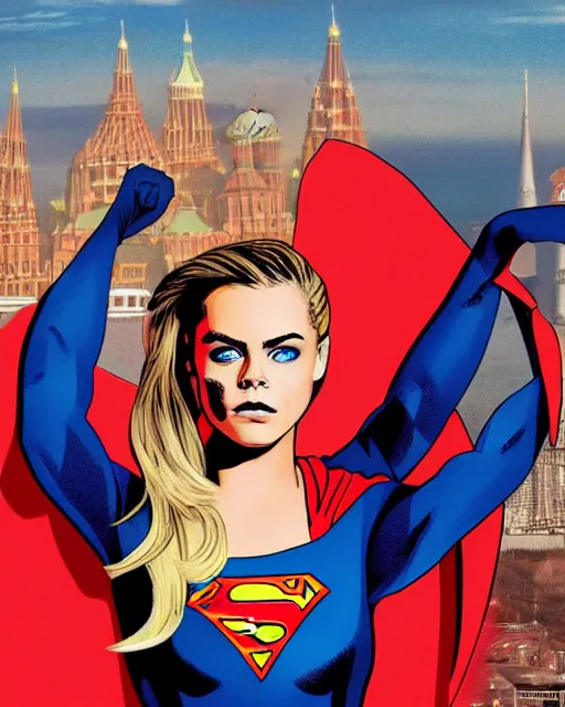Prompt: high quality presentation digital print of a cara delevigne as supergirl, soviet propaganda style
