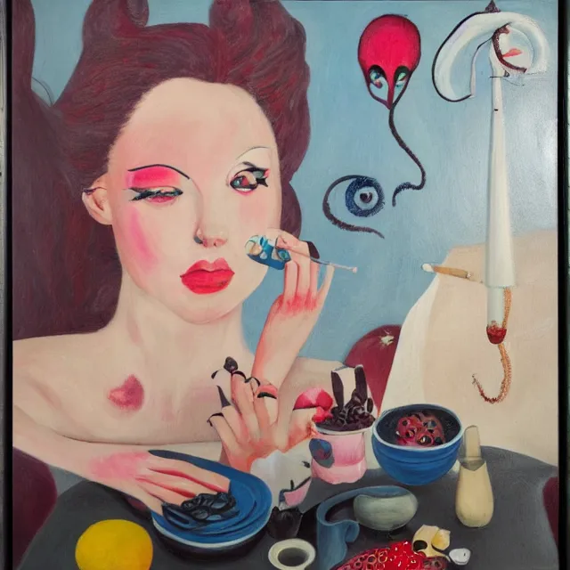 Prompt: a self - portrait in a female artist's bedroom, depressed emo girl eating pancakes, berries, surgical supplies, handmade pottery, flowers, sensual, octopus, neo - expressionism, surrealism, acrylic and spray paint and oilstick on canvas