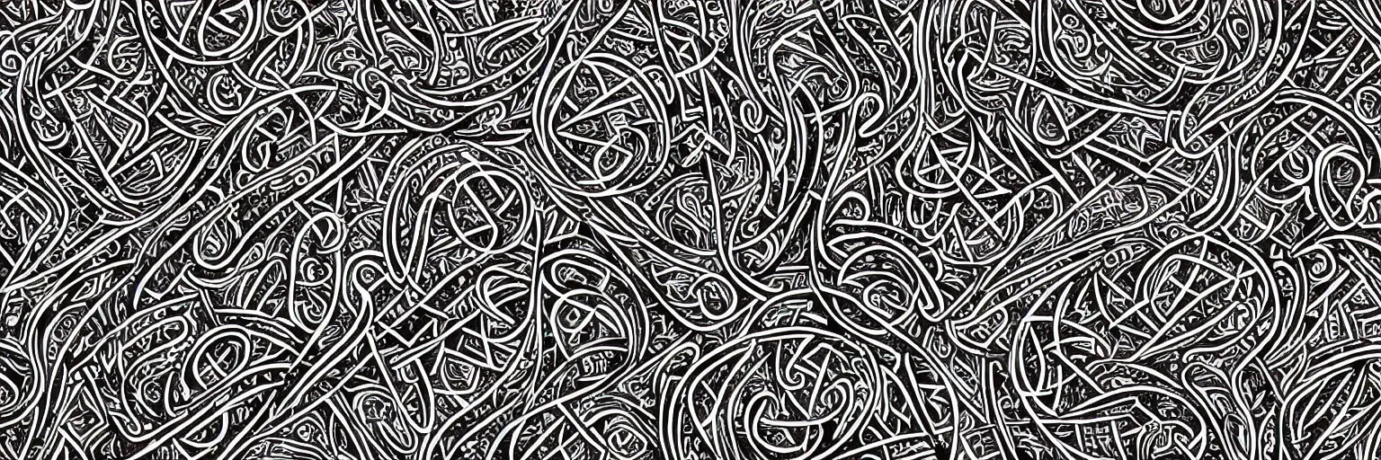 Image similar to intricate design pattern for elvish symbols and runes tattoos, white lines on black background