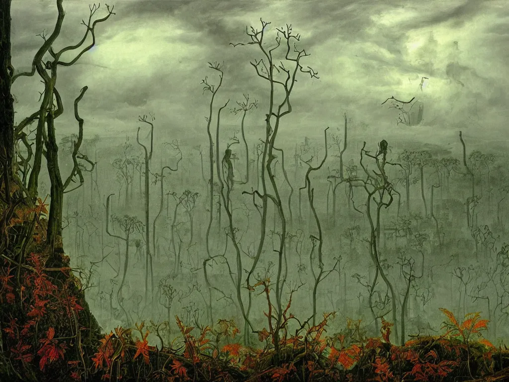 Prompt: Apocalypse with vegetation, leaves, creepers, ivy, ferns taking over the industrial metropolis, toxic, machinery, factory. Thunderstorm, autumn light. Painting by Caspar David Friedrich, Yves Tanguy