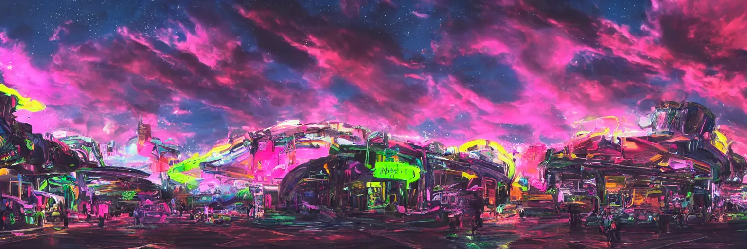 Image similar to oil painting, the middle view, spase dogs and punks running with neon mohawks, space, dark, stars, pink, pirate neon ship with punks on board, neon, rich deep colors masterpiece, ultra detailed, contrast, lots of roman arches, clouds, sky, volumetric light, atmospheric lighting, dramatic, cinematic, moody, octane render 4 k, 8 k