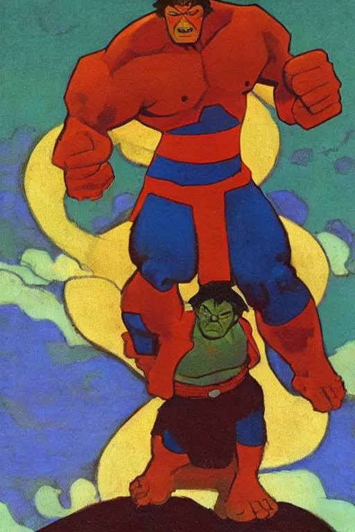 Prompt: hulk, marvel, artwork by nicholas roerich,