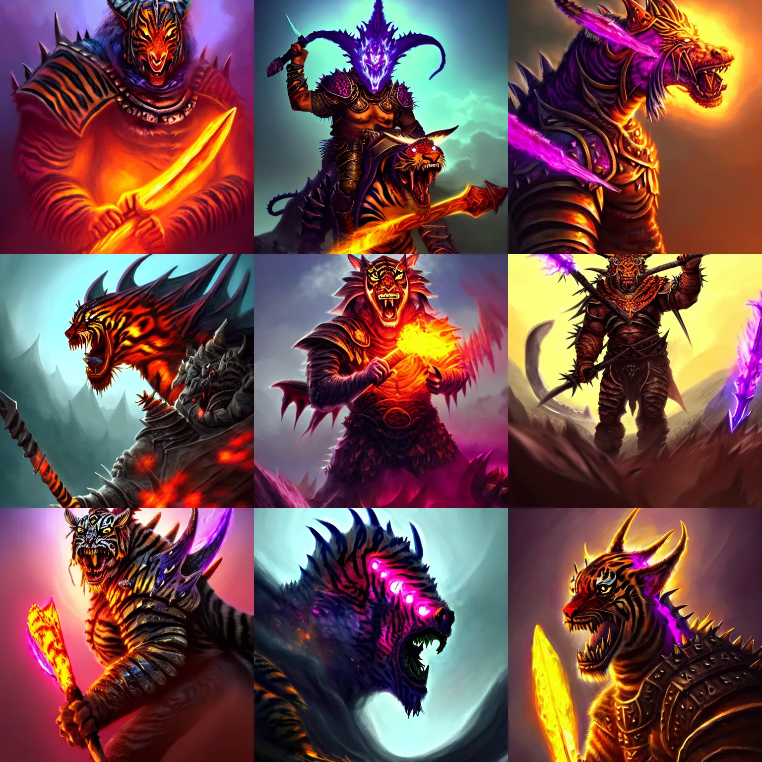Prompt: enraged orc king in spiky armor with a purple fiery aura aura aura aura aura aura aura aura aura aura, wearing a dragon mask, holding a poisonous axe, riding riding riding riding riding riding riding riding riding riding a tiger tiger tiger tiger, trending on artstation, sharp focus, highly detailed, digital fantasy art