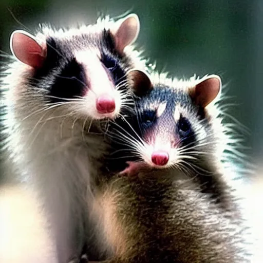 Image similar to An opossum and an american Raccoon hugging, cute photograph