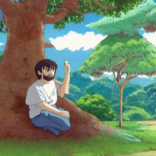 Image similar to gabriel boric sitting at a tree made by studio ghibli, detail, high quality, detailed, beautiful scene, smooth, relaxing