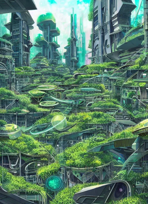 Image similar to solarpunk futuristic city which has been abandoned and overgrown by a forest, hyperdetailed, maximalist composition, by studio ghibli and my hero academia, cel shaded, ambient occlusion