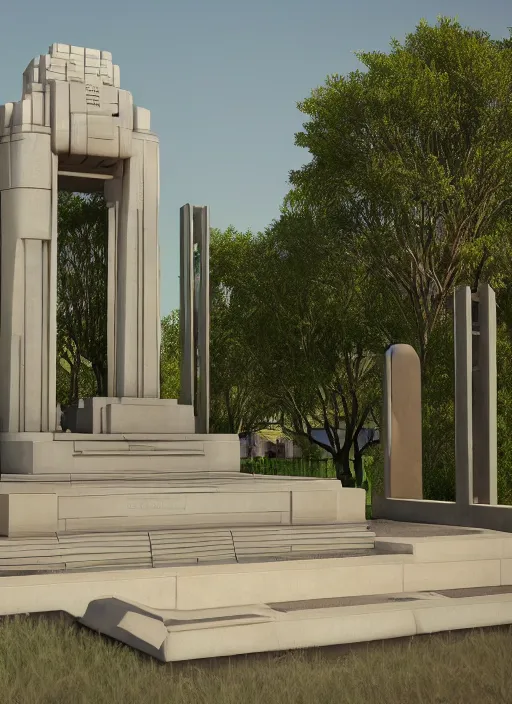 Image similar to highly detailed realistic architecture 3 d render of a futuristic stele monument in frank lloyd wright style standing in city park, archdaily, made in unreal engine 4 octane render