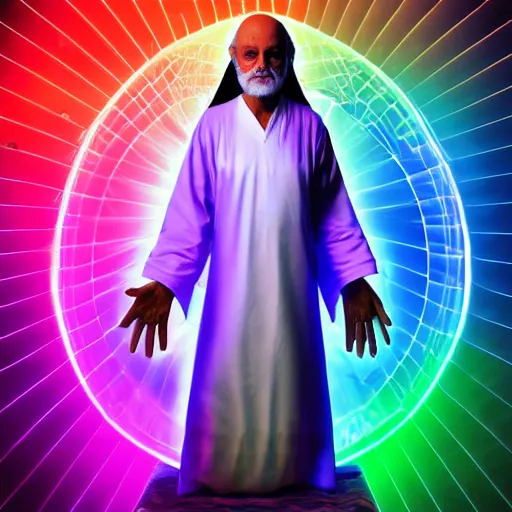 Prompt: ram dass in a thin white robe with 7 Chakras in his body, Kundalini Energy, Ajna Chakra, neon colors, sacred geometry, surreal, hyper realistic, 3d render, ray tracing