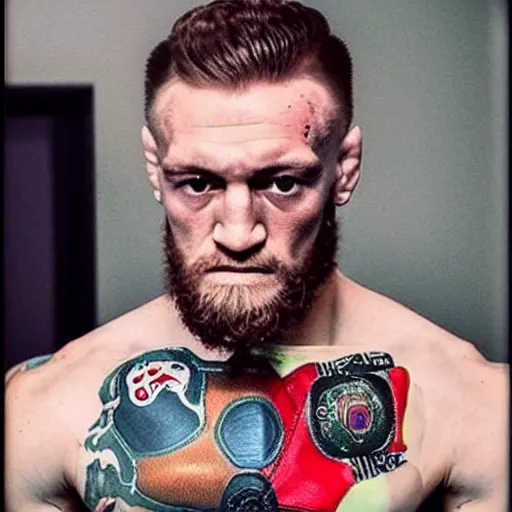 Image similar to “a realistic detailed photo of a guy who is an attractive humanoid who is half robot and half humanoid, who is a male android, boxer Conor McGregor, shiny skin, posing like a statue, blank stare”