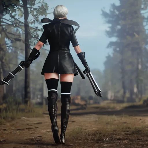 Image similar to Film still of a woman cosplaying as 2B nier automata wearing skintight clothes riding a horse, from Red Dead Redemption 2 (2018 video game), trending on artstation, artstationHD, artstationHQ