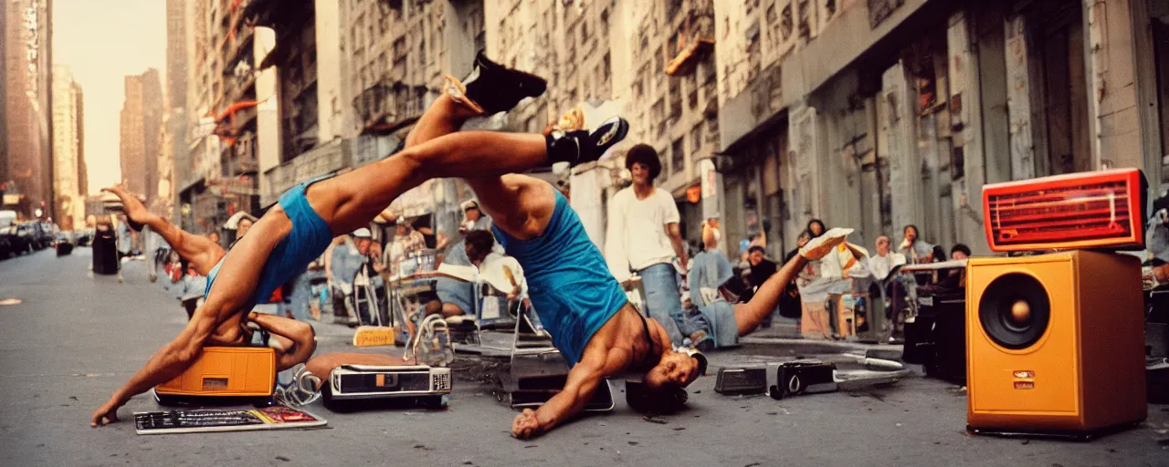 Image similar to 1 9 8 0's breakdancing next to a boombox,!!! spaghetti, nyc, afternoon light, detailed, canon 2 0 mm, wes anderson, kodachrome