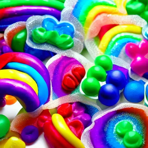 Image similar to sweet happy image for children, good dreams, smiles, candy, rainbows, unicorns