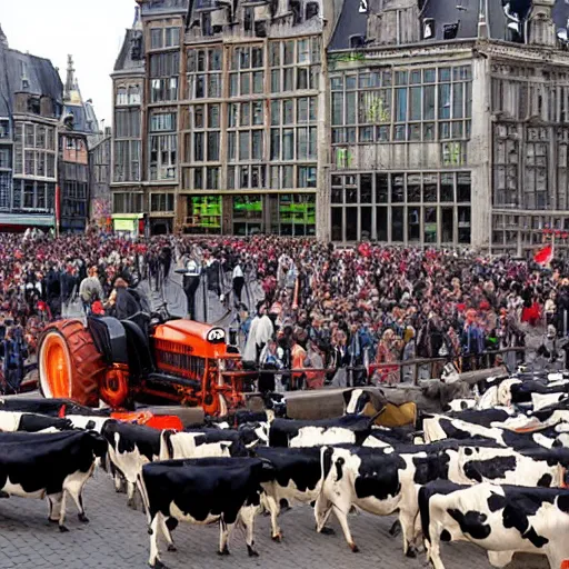 Image similar to cows protesting with farmers tractors on dam square