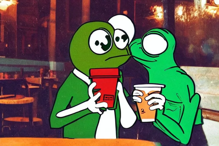 Prompt: girl drinking coffee with pepe the frog in a cafe, 8 0 s style, cinematographic photo