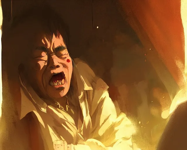 Image similar to a 50 year old brunnete chinese man with puffy cheeks bursting in tears on the floor, horror scene, dramatic, close up shot, anime art, Greg Rutkowski, studio ghibli, dramatic lighting