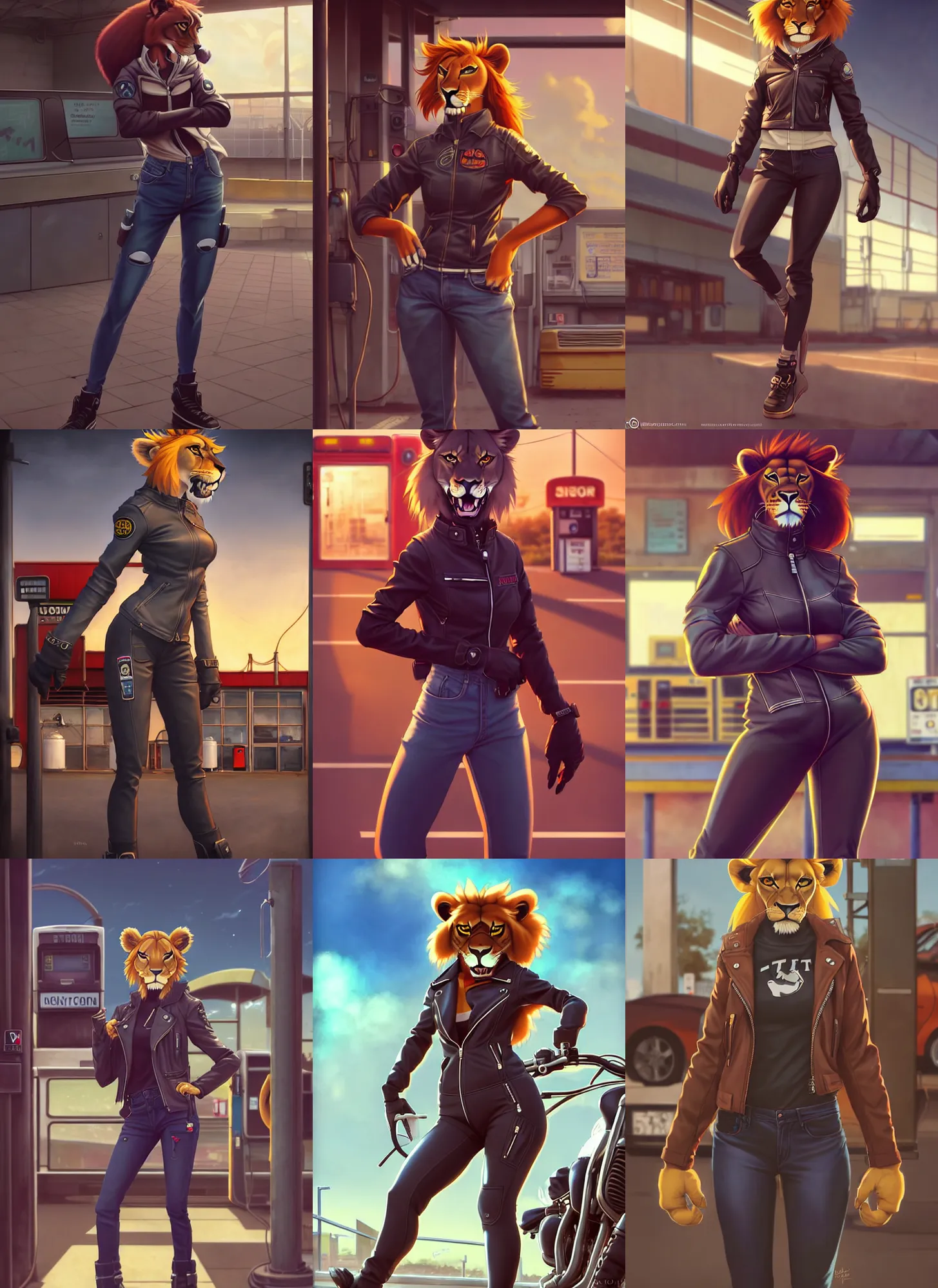 Prompt: wide angle beautiful full body portrait of a strong female anthropomorphic anthro lioness fursona wearing biker clothes at an old gas station. character design by disney, anime, manga, charlie bowater, ross tran, artgerm, and makoto shinkai, detailed, soft lighting, rendered in octane