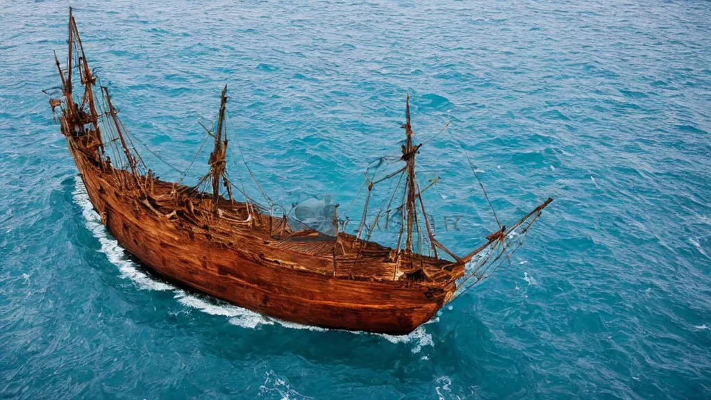 Prompt: A long shot angle of a wooden old ship in the ocean
