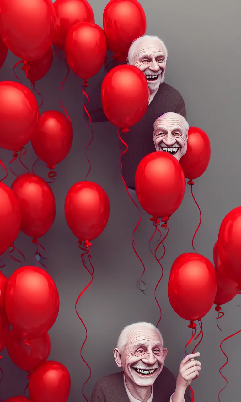 Image similar to illustration of smiling old man with red balloons, highly detailed, digital painting, concept art, smooth, sharp focus, epic composition, gothic art, artstation, concept art, octane render, retrofuturistic