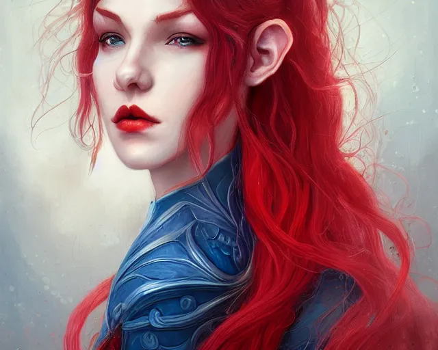 Image similar to A detailed matte oil on canvas head on symmetrical portrait of a distinguished elven woman with red and blue hair on an empty background, by Charlie bowater, Lise Deharme, Wlop, trending on artstationhd, dungeons and dragons art, parted hair , half blue, half red , split dye, critical role