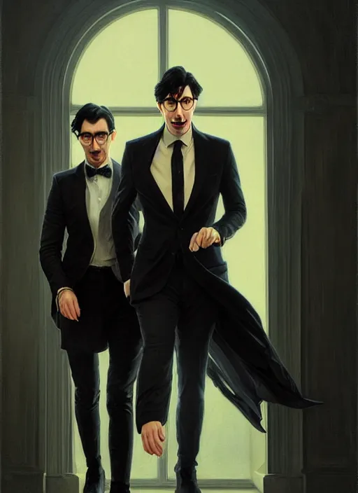 Image similar to painting of both john oliver and adam driver together, john oliver in front, full body, elegant, beautiful, highly detailed, centered, dark, smokey, digital painting, concept art, smooth, sharp focus, illustration, deviant art, art by artgerm, art by greg rutkowski, art by alphonse mucha