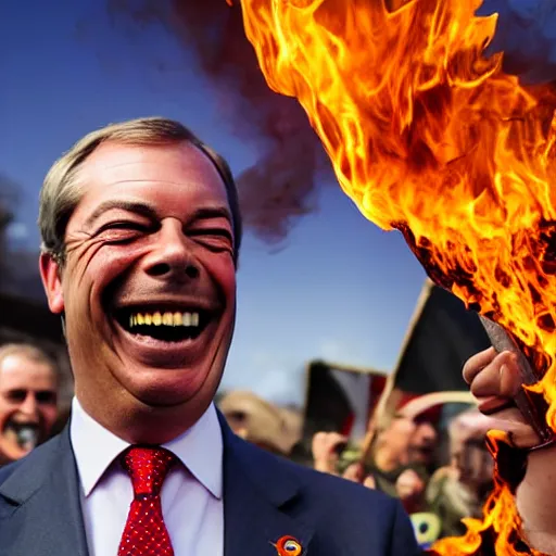 Image similar to nigel farage laughing holding burning eu flag, photograph, hd