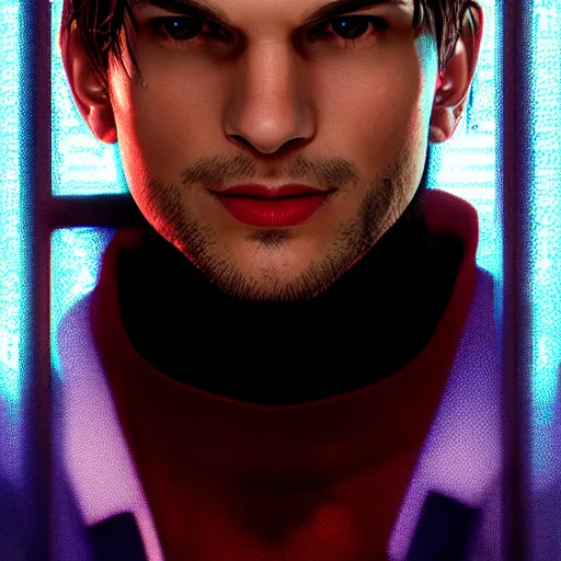 Image similar to ashton kutcher portrait, cyberpunk 2 0 7 7, cyberpunk, photorealistic, ultra detailed, neon, octane, bokeh, cinematic lighting, cyber, cyberpunk city, studio quality, feature, scars, cyberface, 8 k