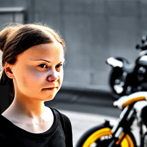 Prompt: greta thunberg wearing a black helmet on a black harleys davidson motorcycle, smoking, dust, from front, portrait, character frame, tatoos, highly detailed, blured background