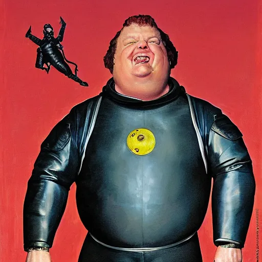 Prompt: upper body portrait of eric scott esch as baron harkonnen from the movie dune wearing a leather spacesuit finding something highly amusing, painted by norman rockwell and tom lovell and frank schoonover