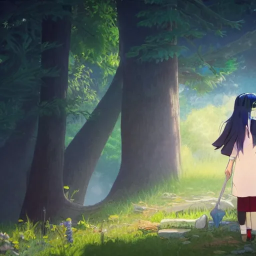 Image similar to a wholesome animation key shot of a dark blue haired girl with a raccoon tail, medium shot, studio ghibli, pixar and disney animation, sharp, rendered in unreal engine 5, anime key art by greg rutkowski, bloom, dramatic lighting