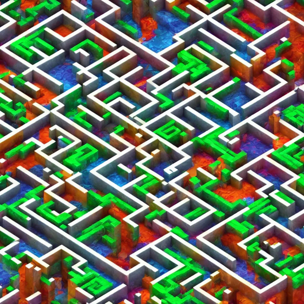 Image similar to wimmelbilder maze made of 80's arcade jungle waterfall level, isometric, white path, octane render, particle effects, unreal engine, very sharp, high contrast