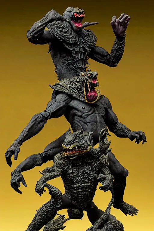 Prompt: a hyperrealistic rendering of an epic boss fight against an ornate supreme dark overlord by art of skinner and richard corben, product photography, collectible action figure, sofubi