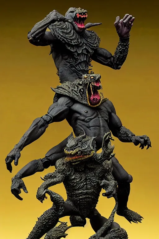 Image similar to a hyperrealistic rendering of an epic boss fight against an ornate supreme dark overlord by art of skinner and richard corben, product photography, collectible action figure, sofubi