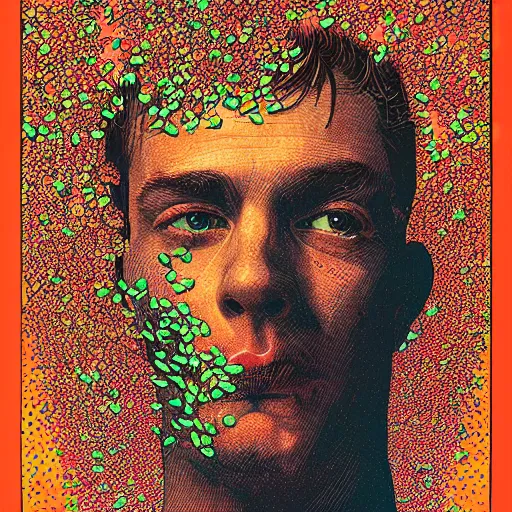 Prompt: a guy, face covered in butterflies, small details, by virgil finlay, by kilian eng,