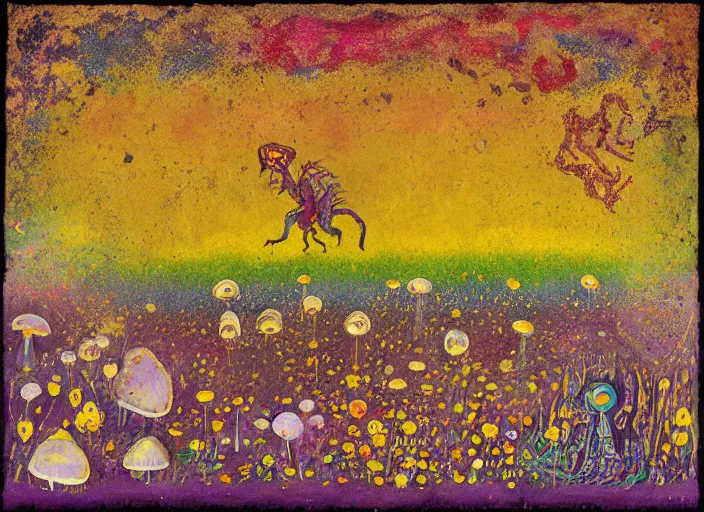 Image similar to pixel decollage painting golden armor alien zombie horseman riding on a crystal bone dragon broken rainbow diamond maggot horse in a blossoming meadow full of colorful mushrooms and golden foil toad blobs in a golden sunset, distant forest horizon, painted by Mark Rothko, Helen Frankenthaler, Danny Fox and Hilma af Klint, pixelated, neo expressionism, semi naive, rich deep colors, cinematic, color field painting, cave painting, voxel, pop art look, outsider art, minimalistic. Bill Traylor painting, part by Philip Guston and Francis Bacon. art by Adrian Ghenie, 8k, extreme detail, intricate detail, masterpiece