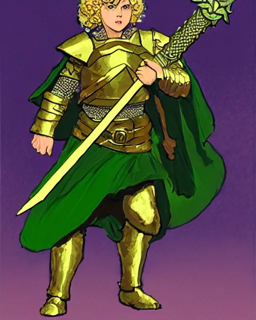 Image similar to beverly toegold the fifth, epic level dnd male halfling verdant paladin of the ancients and green teen, wielding a golden holy sword, wearing magical gleaming chainmail armor. full character concept art, realistic, high detail digital gouache painting by angus mcbride and michael whelan and jeffrey jones