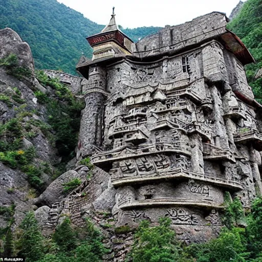 Image similar to stone fortress made by dwarves, carved into mountainside, abandoned, bright, intricate carvings, architectural