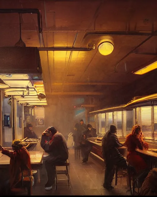 Image similar to a highly detailed epic cinematic concept art CG render digital painting artwork: American diner, night. By Greg Rutkowski, in the style of Francis Bacon and Syd Mead and Norman Rockwell and Beksinski, open ceiling, highly detailed, painted by Francis Bacon and Edward Hopper, painted by James Gilleard, surrealism, airbrush, Ilya Kuvshinov, WLOP, Stanley Artgerm, very coherent, triadic color scheme, art by Takato Yamamoto and James Jean