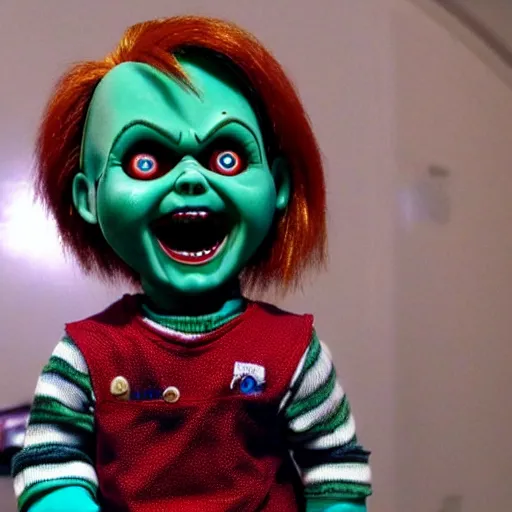 Prompt: Chucky the killer doll from the movie Child's Play being held by Mr. Rogers 8k hdr