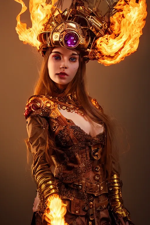 Image similar to a beautiful image of a young woman, steampunk Chandra queen of fire, big googles over her head, long flowing hair glowing with fire, steampunk costume mostly red and gold young female face, cinematic top lighting, insanely detailed and intricate, face by wlop, Charlie Bowater, golden ratio, symmetric, elegant, ornate, luxury, elite, matte painting, cinematic, trending on artstation, deviantart and cgsociety, 8k, high resolution